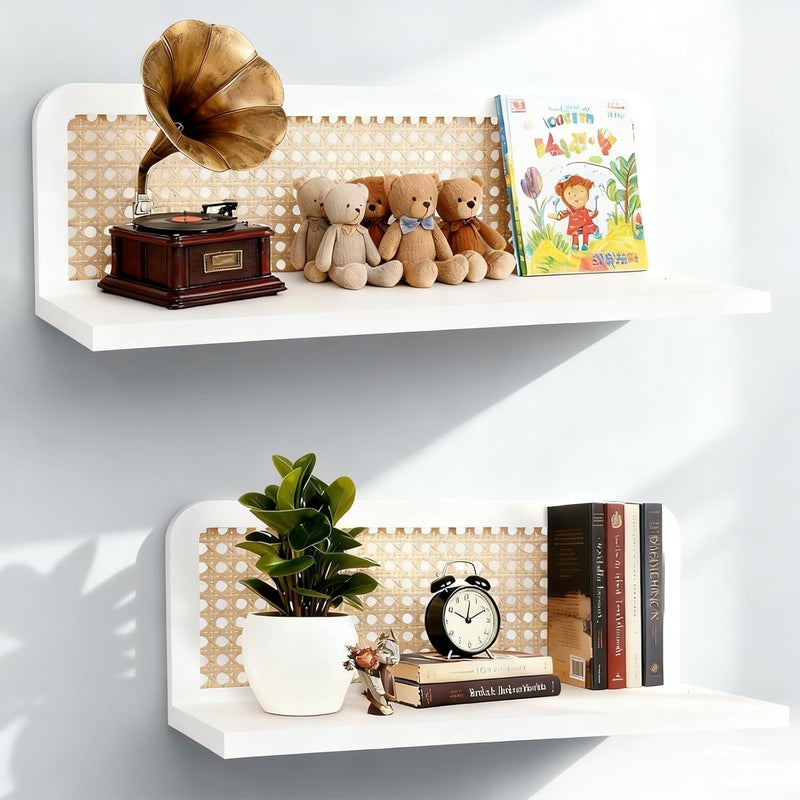 WHEARTED 16.34 Inch Rattan Shelf Set of 2, Cute Nursery Shelves, Natural Hanging Bookshelf Storage, Boho Decorative Floating Shelves, Wall Mounted Storage Shelves for Living Room Nursery Bedroom - Image 3